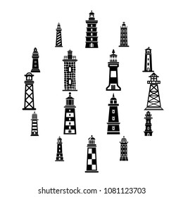 Lighthouse icons set. Simple illustration of 16 lighthouse vector icons for web