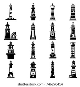 Lighthouse icons set. Simple illustration of 16 lighthouse vector icons for web