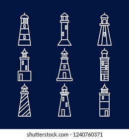 Lighthouse icons set in thin line style isolated on dark background. Nautical building symbols illustration.