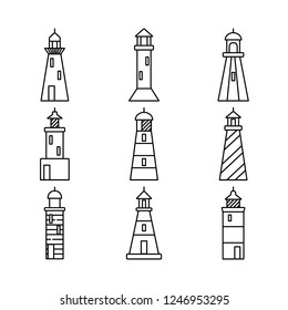 Lighthouse icons set in thin line style