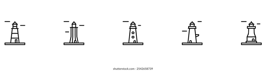 Lighthouse icons set. Tower lighthouse icon. Outline tower lighthouse vector icon, Lighthouse icon on white background. Vector Illustration. EPS 