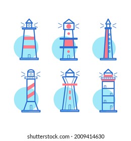 Lighthouse icons set. Set of vector lighthouse icons for design, marine theme, blue color, isolated on white background