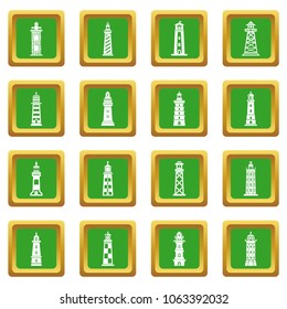 Lighthouse icons set vector green square isolated on white background 