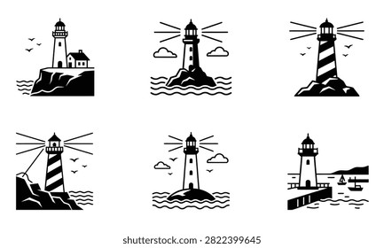 Lighthouse icons set vector illustration beacon building light signal sea navigation architecture.
