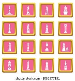 Lighthouse icons set vector pink square isolated on white background 