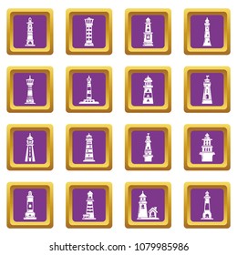 Lighthouse icons set vector purple square isolated on white background 