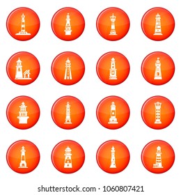 Lighthouse icons set vector red circle isolated on white background 