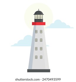 Lighthouse illuminated nautical building with sun and cloud vector flat illustration. Cartoon marine navigation light tower beacon seaside architecture searchlight for signal direction at sky