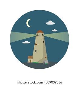 lighthouse illuminated at night under the moon in a circle