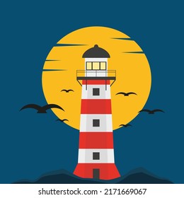 The lighthouse illuminates the path at sunset. Vector illustration.