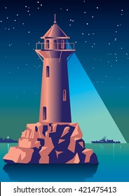 lighthouse illuminates the ship in night sea. Vintage Illustration Art Deco style.