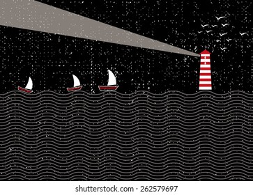  A lighthouse illuminates the sky at night. At sea, the ships sail guided by the lighthouse. Illustration of a beacon in the middle of the ocean