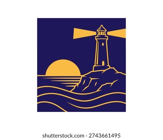 Lighthouse Illuminates Waves at Sunset – Graphic Illustration of Nature's Beauty