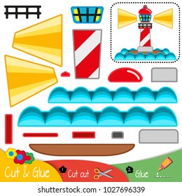 Lighthouse illuminating the path in the middle of the ocean. Education paper game for preshool children. Vector illustration.