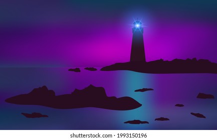 Lighthouse illuminating reefs, seashore. Beautiful mauve sunset.