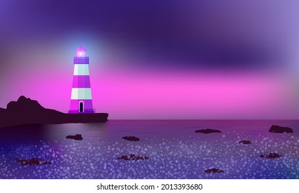 Lighthouse illuminating reefs, seashore and surf. Beautiful mauve sunset.