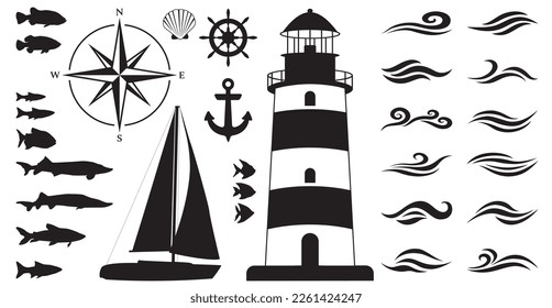 Lighthouse illustration, boat anchor and yacht steering wheel, vessel with sail, wing rose flat icon, different types of fish vector collection. Marine sailing elements, ship equipment, shell, waves