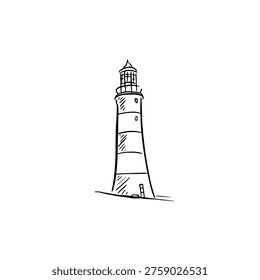 Lighthouse illustration, hand drawn in black.