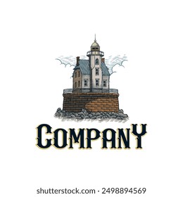 lighthouse illustration logo in engraving style