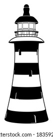 A lighthouse illustration in stylised black and white with stripes