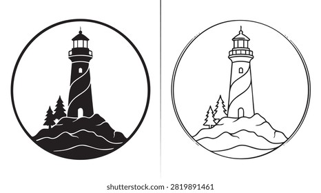 lighthouse illustration with trees and waves in a circle