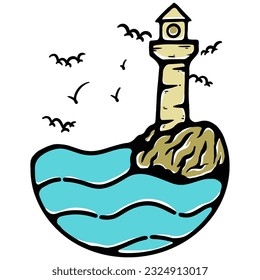 Lighthouse illustrtaion vector art marine wave by mbelebeer