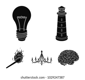 A lighthouse, an incandescent lamp, a chandelier with candles, a burning match.Light source set collection icons in black style vector symbol stock illustration web.