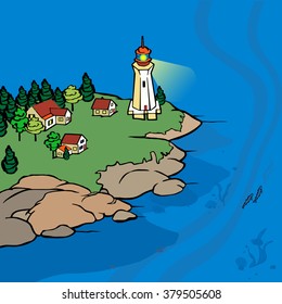 Lighthouse infographic showing the lighthouse shining light along with its support & living quarters & the flow of water & fish around the island