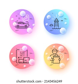 Lighthouse, Inventory checklist and Delivery man minimal line icons. 3d spheres or balls buttons. Car service icons. For web, application, printing. Vector