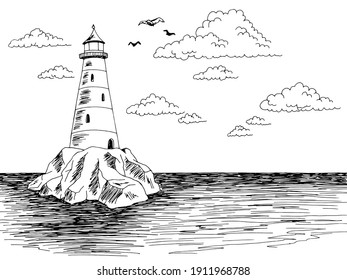 Lighthouse island sea graphic black white landscape sketch illustration vector