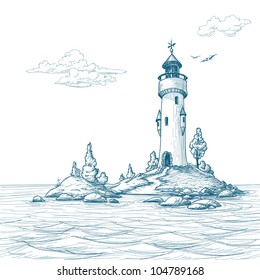 Lighthouse island in the sea sketch