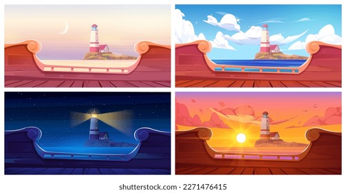 Lighthouse island view from old wooden ship board at night and day time. Vector cartoon illustration of nautical tower on rocky land, beautiful sunrise and sunset over sea water. Game adventure voyage