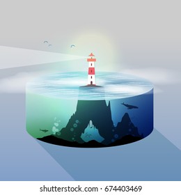 Lighthouse Island Water Slice and Underwater View - Vector Illustration
