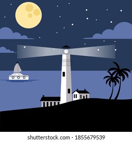 faro en la isla cuando la luna llena brilla