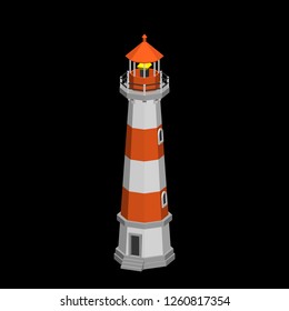 Lighthouse. Isolated on black background. 3d Vector illustration. Dimetric projection.