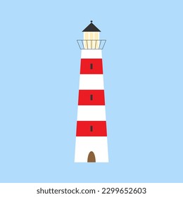 Lighthouse isolated on blue background. Cartoon sea concept. Flat nautical vector illustration