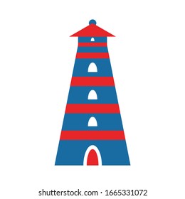 Lighthouse isolated on white background. Classic blue, red and white. Simple flat illustration. Cartoon geometric style. Navigation architecture. For postcards, wallpaper, textile and wrapping paper 