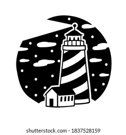 Lighthouse isolated on white background. Vector illustration for printing t-shirt, poster, logo. Black and white hand drawn image.