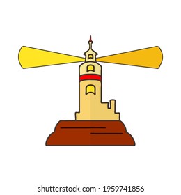 Lighthouse isolated on white background. Color beacon tower icon. Building of lighthouse logo. Lighthouse searchlight on island beach coast. Torch, sea mark for marine navigation. Vector illustration