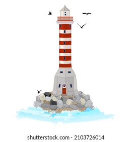 Lighthouse isolated on white background.Sea ​​lighthouse, island, stones, seagulls and water waves.Beacon with ocean.Red and white lighthouse on rocks.Marine label, emblem or icon. Vector illustration