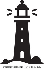 lighthouse isolated on a white background on a rolling hill with bright lights coming from the beacon.  