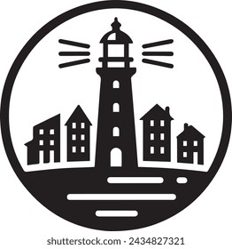 lighthouse isolated on a white background with a town next to it on a hill with the beacon on