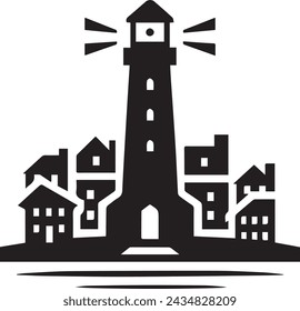 lighthouse isolated on a white background with a small city next to it on a hill