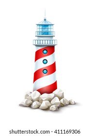 Lighthouse isolated tower, stone rocks hill vector illustration. Beacon on seashore island, icon