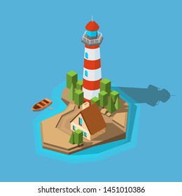 Lighthouse isometric. Sea ocean boat beach small island with navigation lighthouse and building vector picture. Illustration of lighthouse in ocean, house building tower navigation