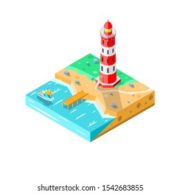 Lighthouse Isometric Sea Ocean Water Boat House Build Tower Nature Vector 3D