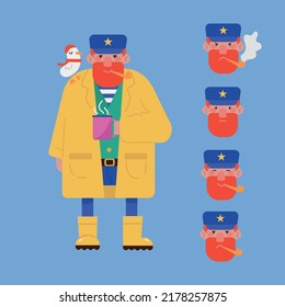 Lighthouse keeper cartoon vector character. Man in raincoat with cup of coffee. Emotion map.