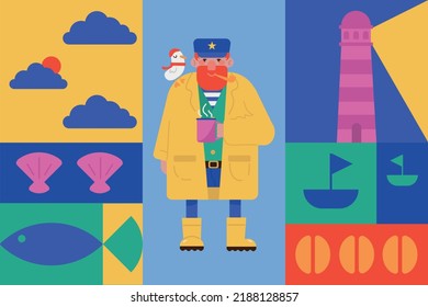 Lighthouse keeper cartoon vector character. Man in raincoat with cup of coffee. Geometric pattern background.