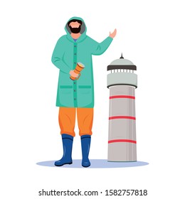 Lighthouse keeper flat vector illustration. Maritime occupation. Seafarer in raincoat with lantern isolated cartoon character on white background