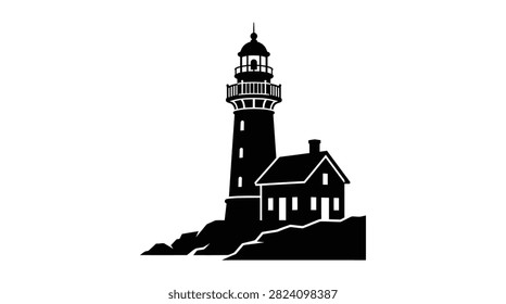 Lighthouse With Keeper s House On Rocky Shore Black Silhouette